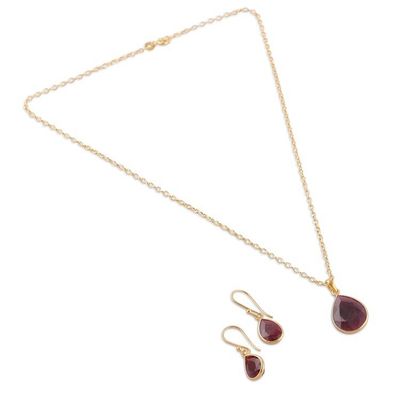 Alternate image for 18-Carat Ruby Gold-Plated Necklace and Earrings Jewelry Set Blissful Crimson