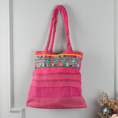 Alternate image for Fuchsia Cotton Tote Bag with Paisley Geometric Embroidery Festive Fuchsia
