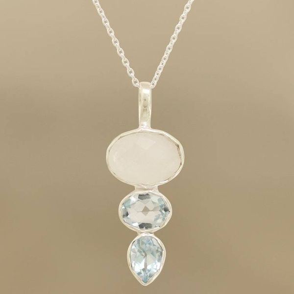 Alternate image for Blue Topaz and Rainbow Moonstone Pendant Necklace Glowing Glitter