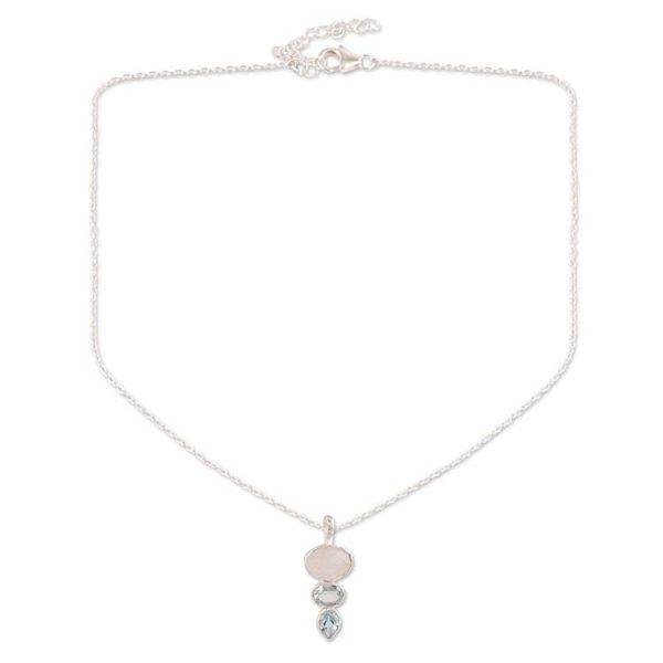 Alternate image for Blue Topaz and Rainbow Moonstone Pendant Necklace Glowing Glitter