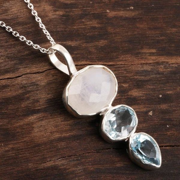 Alternate image for Blue Topaz and Rainbow Moonstone Pendant Necklace Glowing Glitter