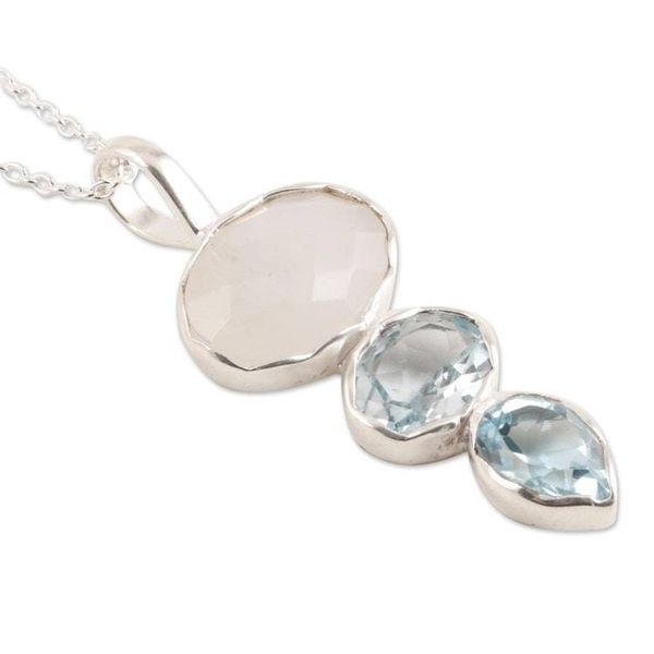 Alternate image for Blue Topaz and Rainbow Moonstone Pendant Necklace Glowing Glitter