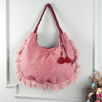 Primary image for Zippered Blush Pink and Red 100 Linen Hobo Bag with Fringes Blush  Bold