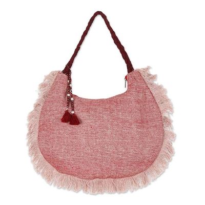 Alternate image for Zippered Blush Pink and Red 100 Linen Hobo Bag with Fringes Blush  Bold