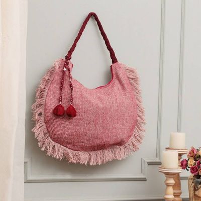 Alternate image for Zippered Blush Pink and Red 100 Linen Hobo Bag with Fringes Blush  Bold