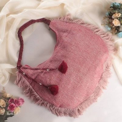 Alternate image for Zippered Blush Pink and Red 100 Linen Hobo Bag with Fringes Blush  Bold