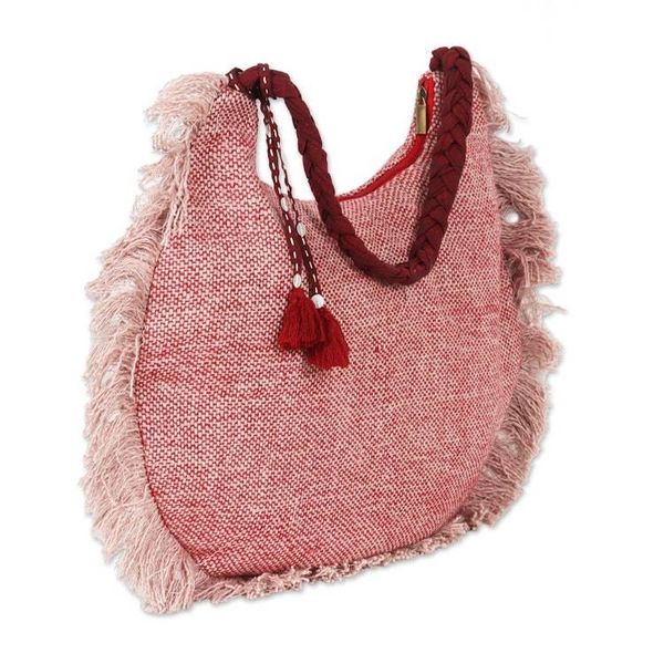 Alternate image for Zippered Blush Pink and Red 100 Linen Hobo Bag with Fringes Blush  Bold