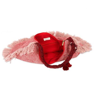 Alternate image for Zippered Blush Pink and Red 100 Linen Hobo Bag with Fringes Blush  Bold