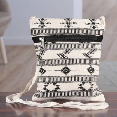 Primary image for Folk Art-Patterned Ivory and Onyx Cotton Zippered Sling Bag Ivory Medley