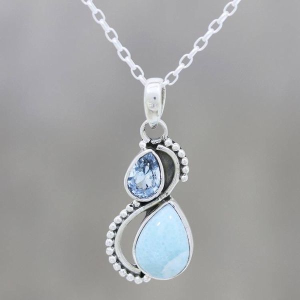 Alternate image for Blue Topaz and Larimar Teardrop Pendant Necklace from India Two Teardrops