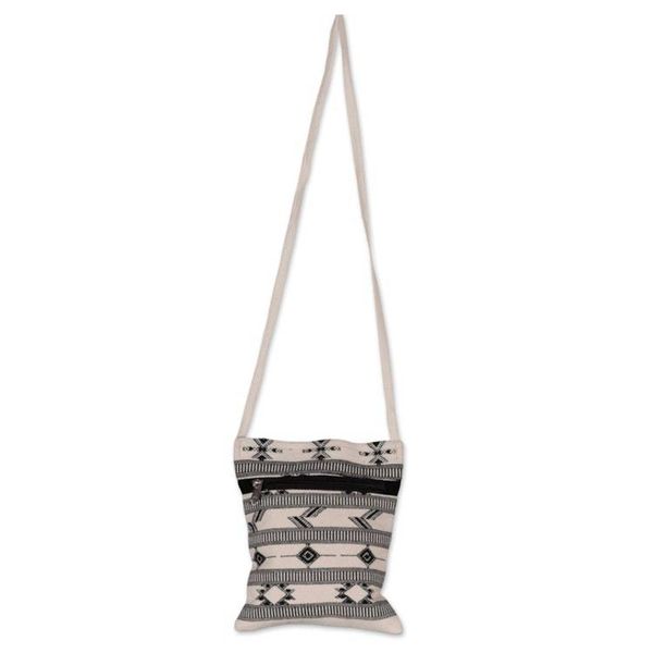 Alternate image for Folk Art-Patterned Ivory and Onyx Cotton Zippered Sling Bag Ivory Medley