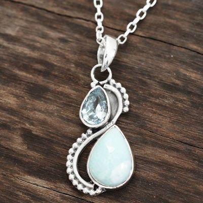 Alternate image for Blue Topaz and Larimar Teardrop Pendant Necklace from India Two Teardrops