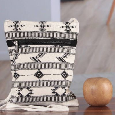 Alternate image for Folk Art-Patterned Ivory and Onyx Cotton Zippered Sling Bag Ivory Medley