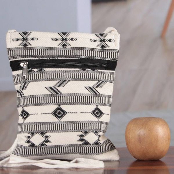 Alternate image for Folk Art-Patterned Ivory and Onyx Cotton Zippered Sling Bag Ivory Medley