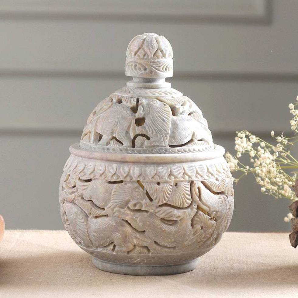 Handcrafted Soapstone Candy Jar from India 'Elephant Harmony'