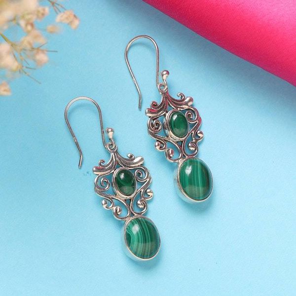 Alternate image for Fantasy-Inspired Natural Malachite Cabochon Dangle Earrings Healing Fairy