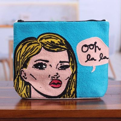 Alternate image for Bold Embroidered Sky Blue Cotton Cosmetic Bag with Zipper Ooh La La