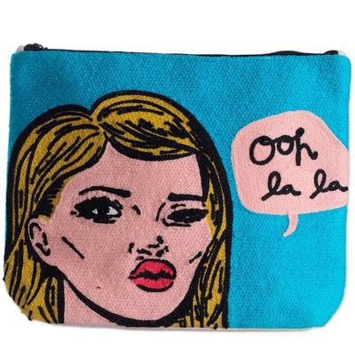 Alternate image for Bold Embroidered Sky Blue Cotton Cosmetic Bag with Zipper Ooh La La