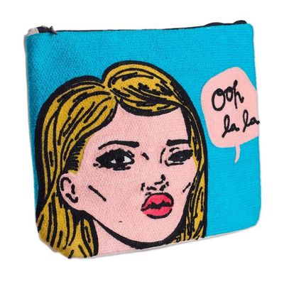 Alternate image for Bold Embroidered Sky Blue Cotton Cosmetic Bag with Zipper Ooh La La