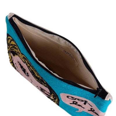 Alternate image for Bold Embroidered Sky Blue Cotton Cosmetic Bag with Zipper Ooh La La