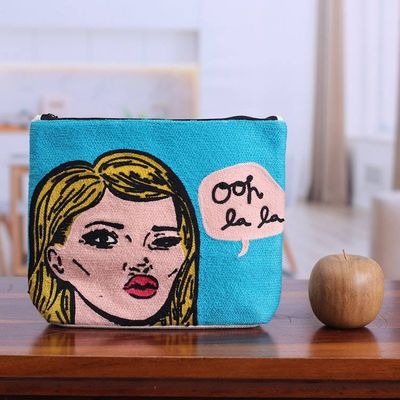 Alternate image for Bold Embroidered Sky Blue Cotton Cosmetic Bag with Zipper Ooh La La