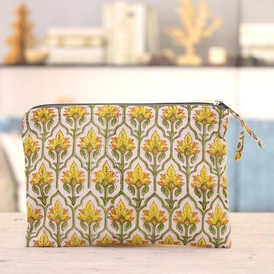 Alternate image for Cotton Cosmetic Bag with Hand-Block Printed Flowers  Leaves Glorious Buttercup