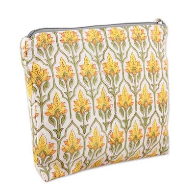 Alternate image for Cotton Cosmetic Bag with Hand-Block Printed Flowers  Leaves Glorious Buttercup