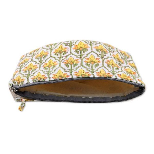 Alternate image for Cotton Cosmetic Bag with Hand-Block Printed Flowers  Leaves Glorious Buttercup