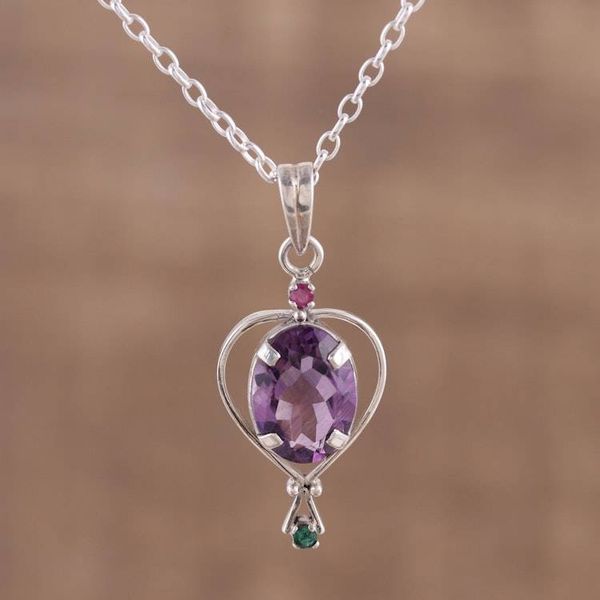 Alternate image for Amethyst Emerald and Ruby Pendant Necklace from India Sparkling Allure
