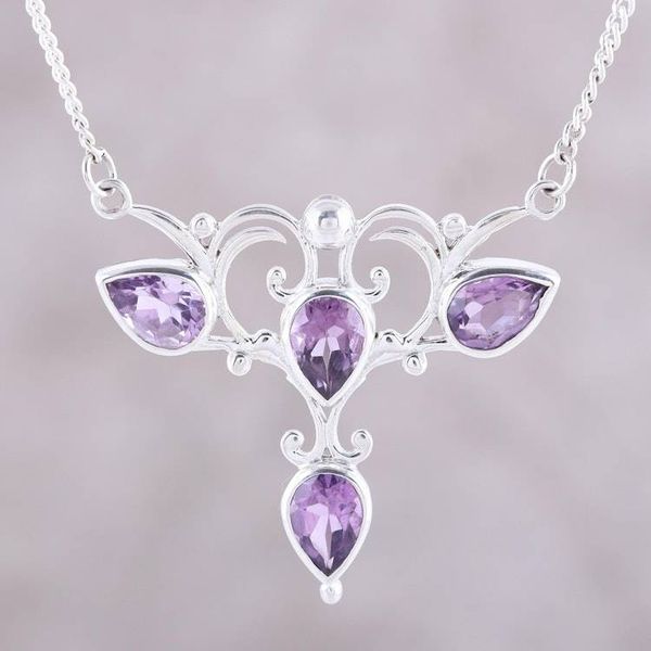 Alternate image for Teardrop Faceted Amethyst Sterling Silver Pendant Necklace Princess Bloom