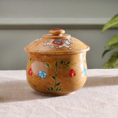 Primary image for Hand-Painted Elephant Floral-Themed Soapstone Decorative Jar Garden Cheers