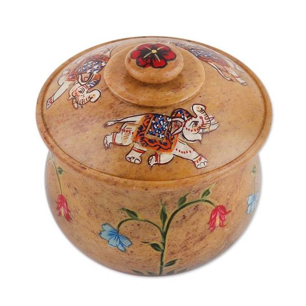 Alternate image for Hand-Painted Elephant Floral-Themed Soapstone Decorative Jar Garden Cheers