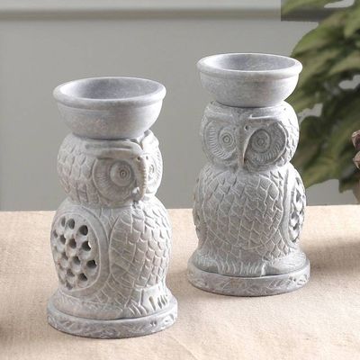 Primary image for 2 Owl-Shaped Jali Openwork Soapstone Oil Warmers from India Fragrance of Love