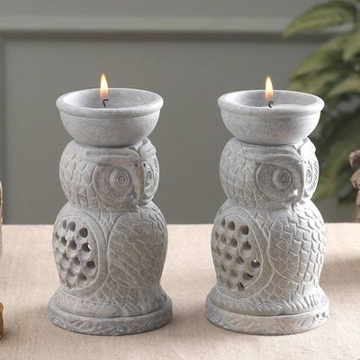 Alternate image for 2 Owl-Shaped Jali Openwork Soapstone Oil Warmers from India Fragrance of Love