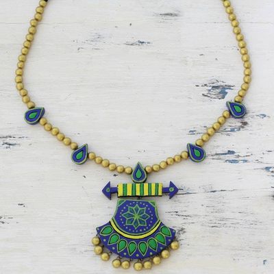 Primary image for Multicolored Ceramic Pendant Necklace by Indian Artisans Royal Rainfall