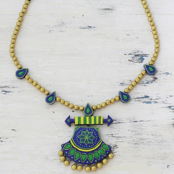 Alternate image for Multicolored Ceramic Pendant Necklace by Indian Artisans Royal Rainfall