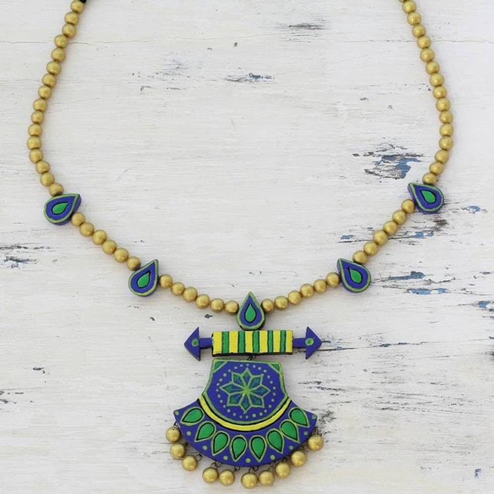 Multicolored Ceramic Pendant Necklace by Indian Artisans 'Royal Rainfall'