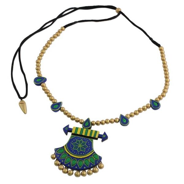 Alternate image for Multicolored Ceramic Pendant Necklace by Indian Artisans Royal Rainfall