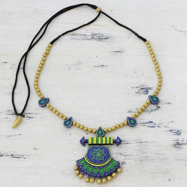 Alternate image for Multicolored Ceramic Pendant Necklace by Indian Artisans Royal Rainfall