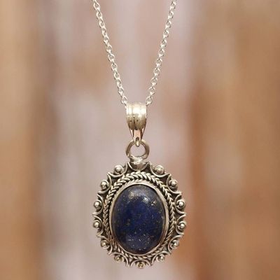 Alternate image for Sun-Themed Pendant Necklace with Oval Lapis Lazuli Stone Royal Jewel