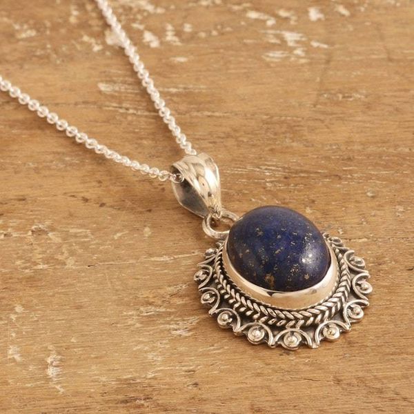 Alternate image for Sun-Themed Pendant Necklace with Oval Lapis Lazuli Stone Royal Jewel