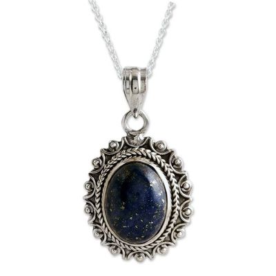 Alternate image for Sun-Themed Pendant Necklace with Oval Lapis Lazuli Stone Royal Jewel