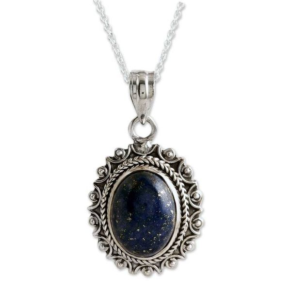Alternate image for Sun-Themed Pendant Necklace with Oval Lapis Lazuli Stone Royal Jewel