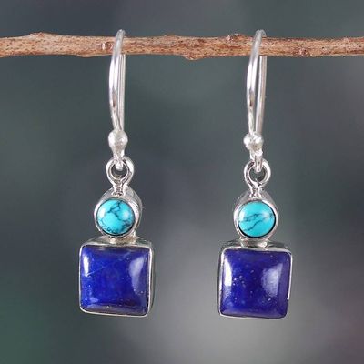 Alternate image for Modern Lapis Lazuli Calcite Sterling Silver Dangle Earrings Royal Fusion