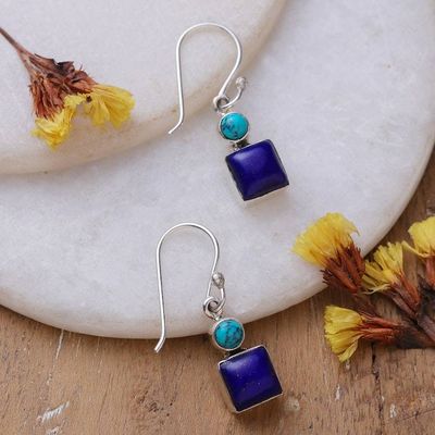 Alternate image for Modern Lapis Lazuli Calcite Sterling Silver Dangle Earrings Royal Fusion
