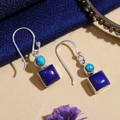 Alternate image for Modern Lapis Lazuli Calcite Sterling Silver Dangle Earrings Royal Fusion