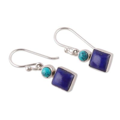 Alternate image for Modern Lapis Lazuli Calcite Sterling Silver Dangle Earrings Royal Fusion