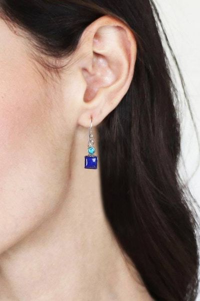 Alternate image for Modern Lapis Lazuli Calcite Sterling Silver Dangle Earrings Royal Fusion