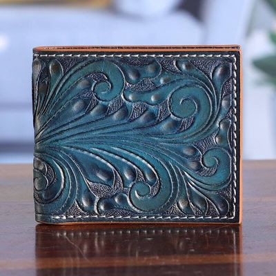Primary image for Mens Handmade Baroque Vine-Patterned Leather Wallet in Teal Artful Gentlemen