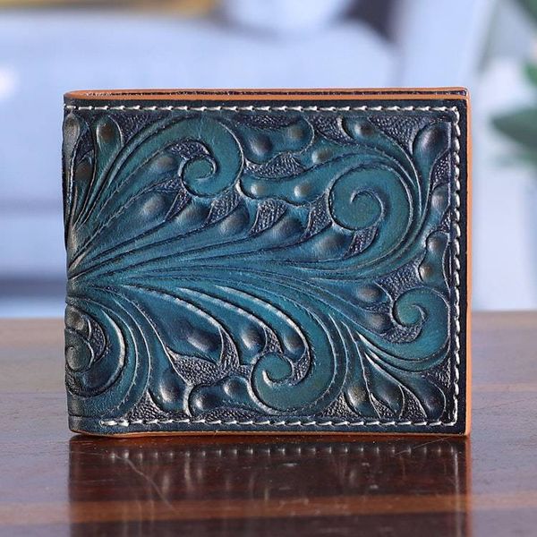 Alternate image for Mens Handmade Baroque Vine-Patterned Leather Wallet in Teal Artful Gentlemen